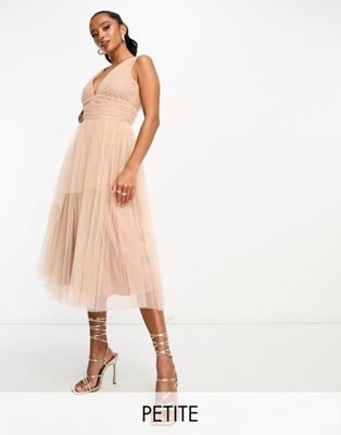 Petite Bridal midi tulle dress in taupe brown