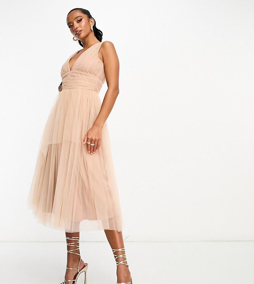 Petite Bridal midi tulle dress in taupe brown