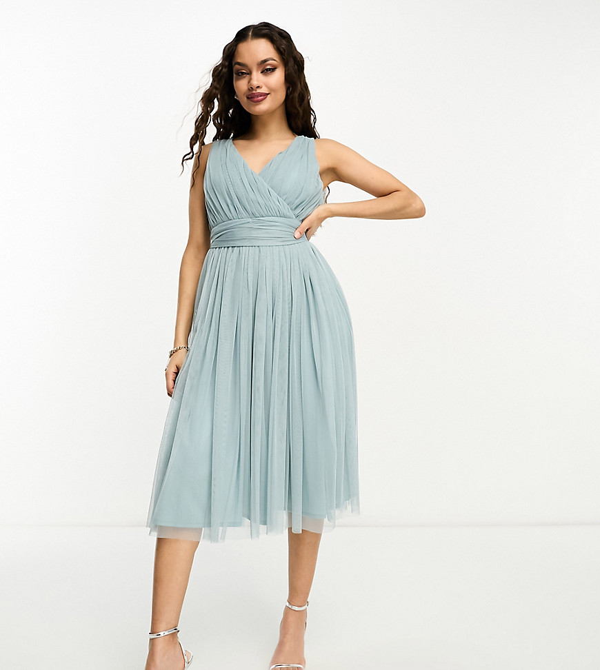 Petite Bridal midi tulle with bow back in misty green