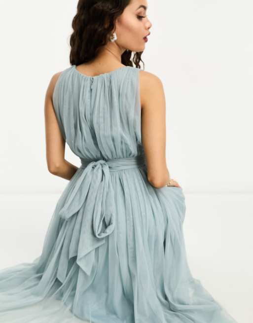 Beauut Petite Bridal midi tulle with bow back in misty green, 3 of 4