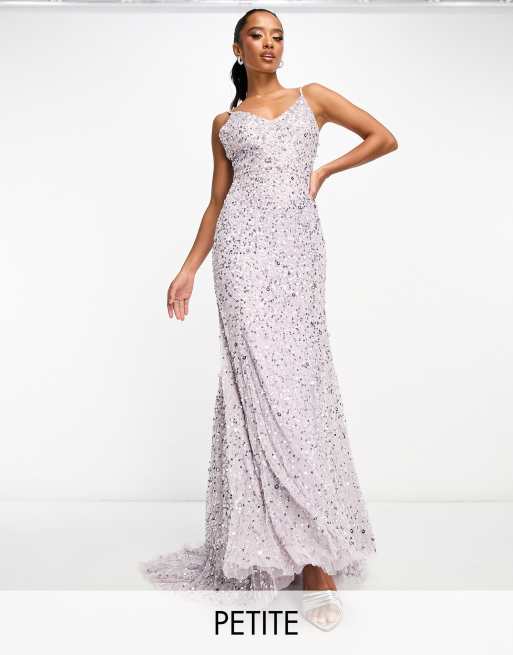 Beauut Petite Bridesmaid all over embellished cami slip maxi dress with train in muted lavender