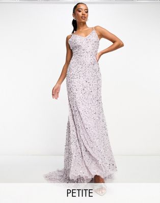 Beauut Petite Bridesmaid allover embellished cami slip maxi dress with train in muted lavender - ASOS Price Checker