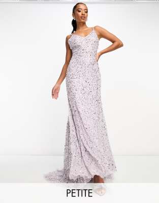 Beauut Petite Bridesmaid allover embellished cami slip maxi dress with train in muted lavender-Purple