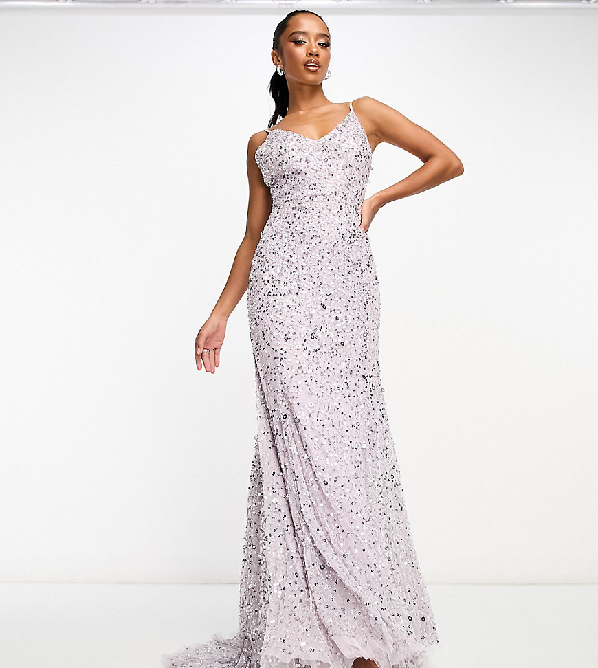 Petite Bridesmaid allover embellished cami slip maxi dress with train in muted lavender-Purple
