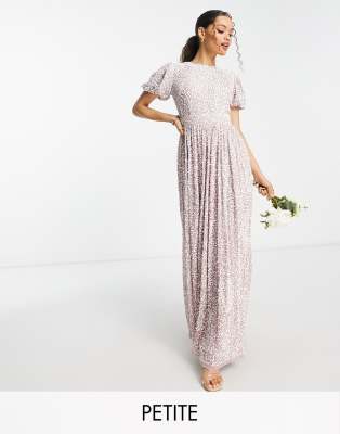 Beauut Beauut Petite Bridesmaid allover embellished maxi dress with contrast embellishment in frosted pink