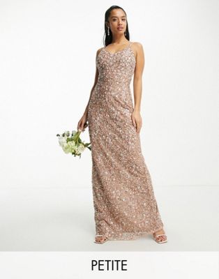 Beauut Petite Bridesmaid allover embellished maxi dress with floral embroidery in taupe