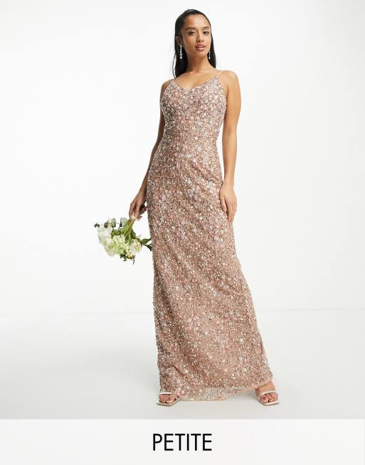 Beauut Petite Bridesmaid allover embellished maxi dress with floral embroidery in taupe