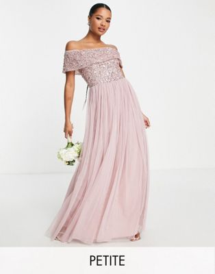 Beauut Petite Bridesmaid bardot embellished maxi dress in frosted pink