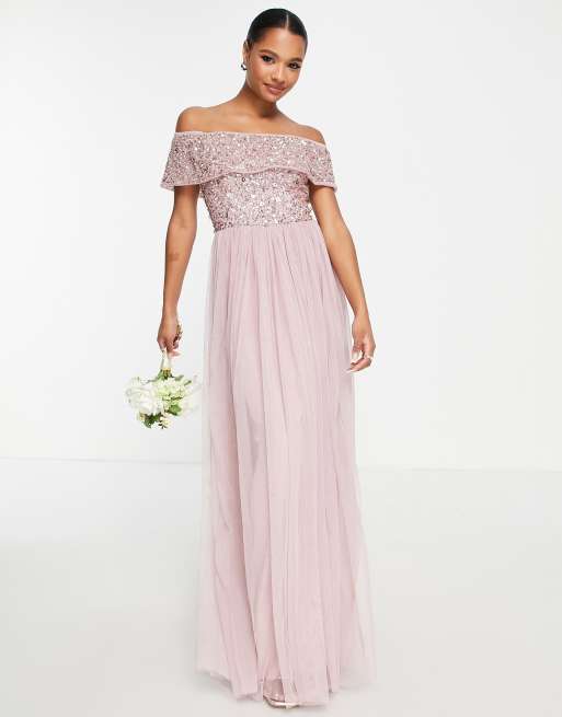 Beauut Bridesmaid cami in maxi dress with embellished top and tulle skirt in frosted pink レディース