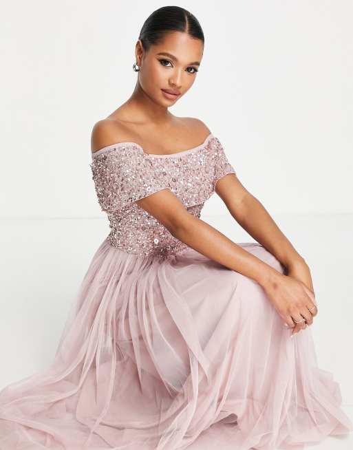 Beauut Bridesmaid cami in maxi dress with embellished top and tulle skirt in frosted pink レディース
