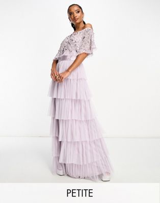 Beauut Petite Bridesmaid bardot tiered maxi dress in lilac