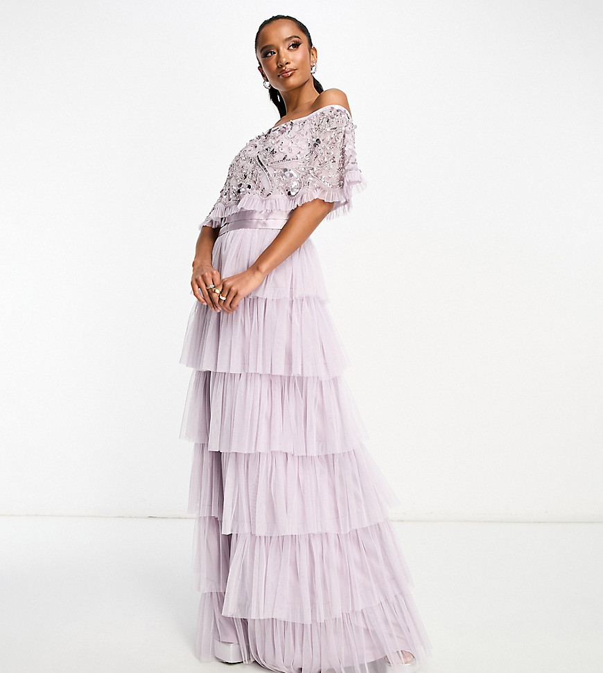 Beauut Petite Bridesmaid bardot tiered maxi dress in lilac-Purple