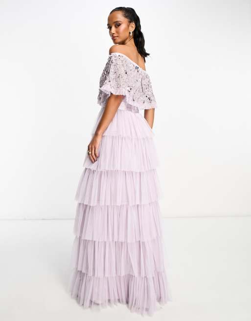 Lilac lace Bardot popular dress