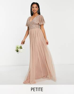 Beauut Petite - Bridesmaid - Brautjungfern-Maxikleid in Taupe mit Flügelärmeln und verziertem Oberteil-Neutral