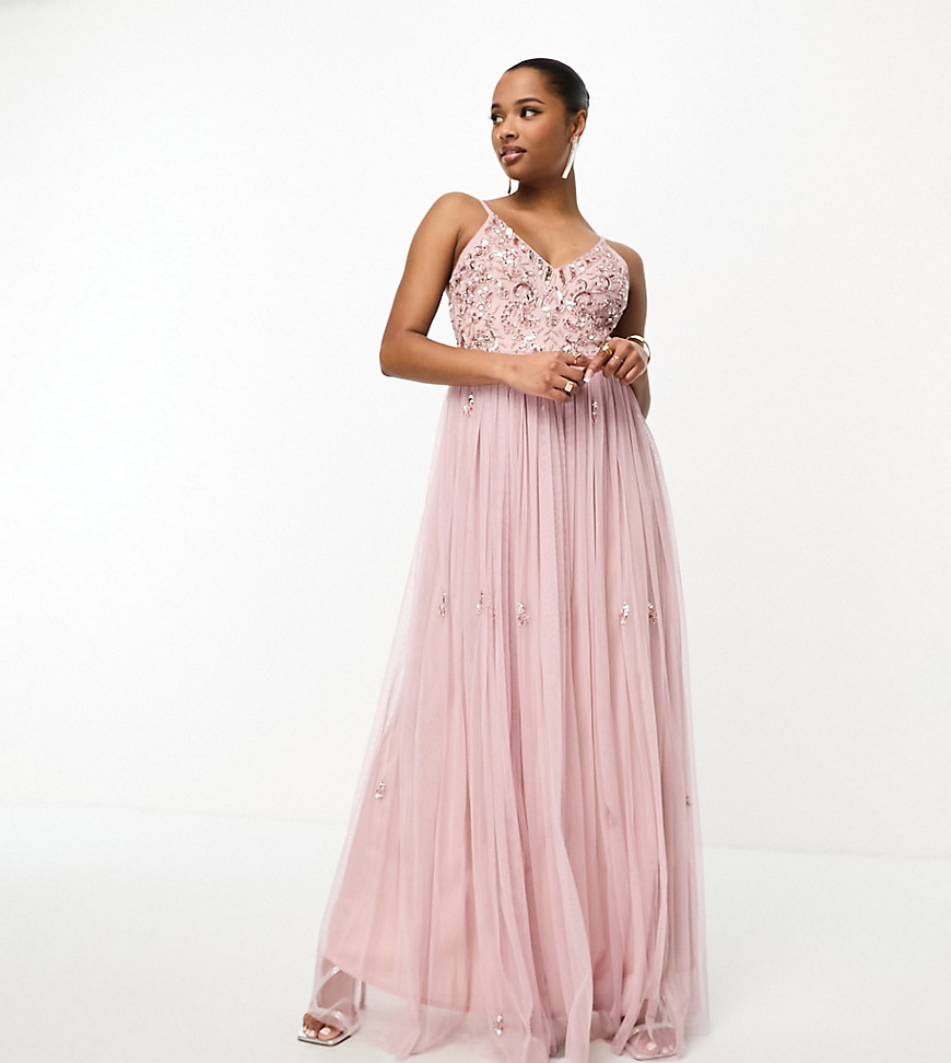 Beauut Petite Bridesmaid cami 2 in 1 maxi dress with embellished top and tulle skirt in frosted pink