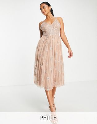 Petite Bridesmaid delicate embellished midi dress with tulle skirt in taupe-Neutral