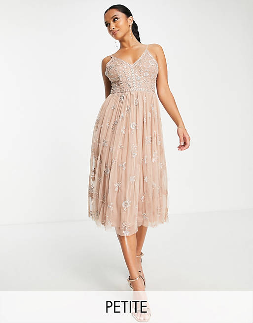 Beauut Petite Bridesmaid delicate embellished midi dress with tulle skirt in taupe