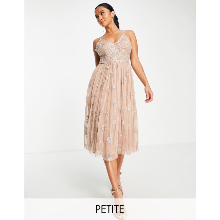 Beauut Petite Bridesmaid delicate embellished midi dress with tulle skirt in taupe