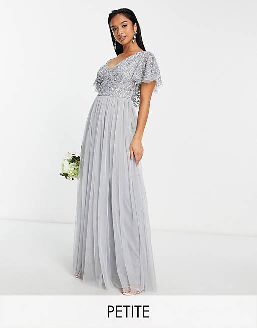 Beauut Petite Bridesmaid embellished bodice maxi dress with flutter sleeve in grey