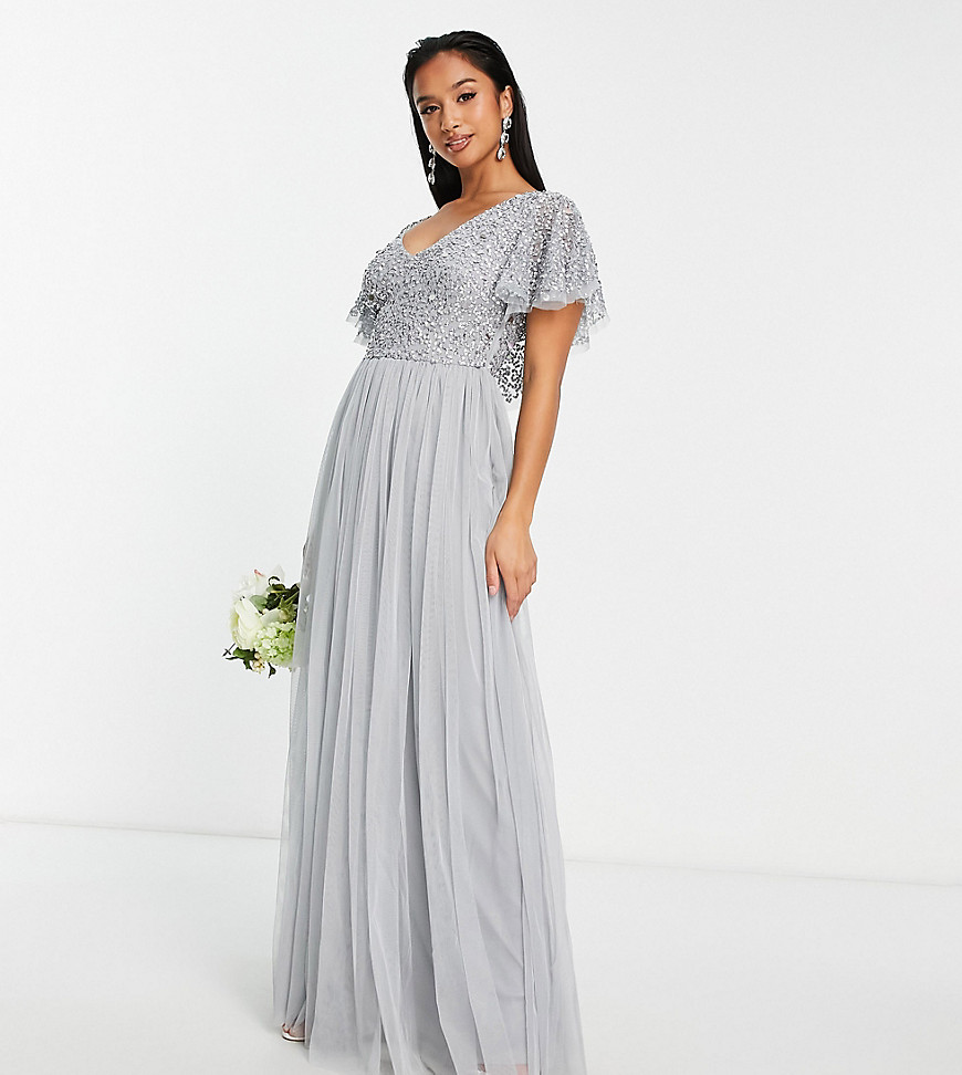 Petite Bridesmaid embellished bodice maxi dress with flutter sleeves in gray