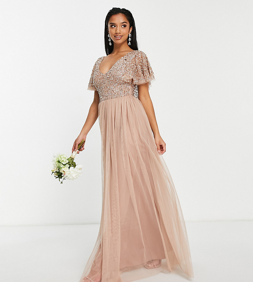 Beauut Bridesmaid Emellished Bodice Maxi Dress With Flutter Sleeve In Taupe-neutral