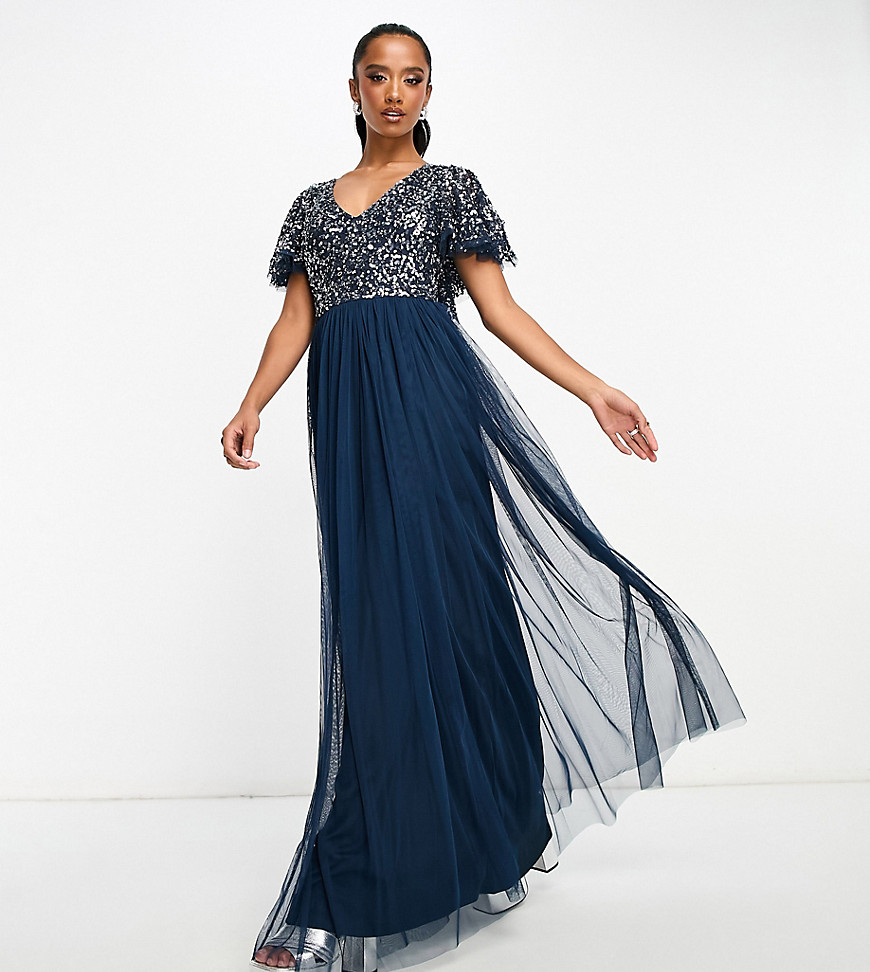 Beauut Petite Bridesmaid embellished maxi dress with flutter detail in navy