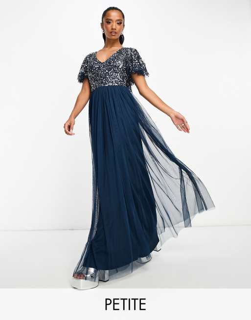 Beauut Petite Bridesmaid embellished maxi dress with flutter detail in navy 