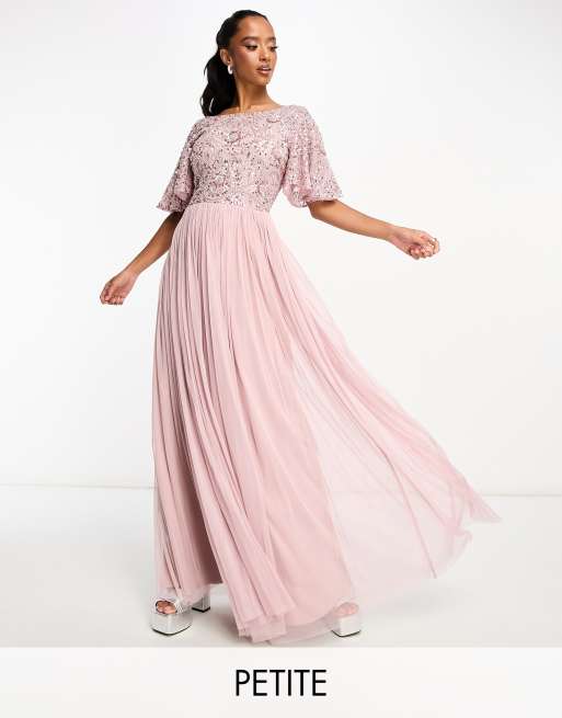 Beauut Petite Bridesmaid embellished maxi dress with open back detail in frosted pink