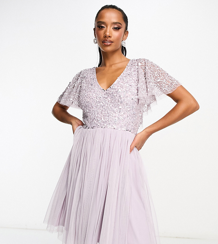 Beauut Petite Bridesmaid Embellished Mini Dress With Flutter Detail In Lilac-purple