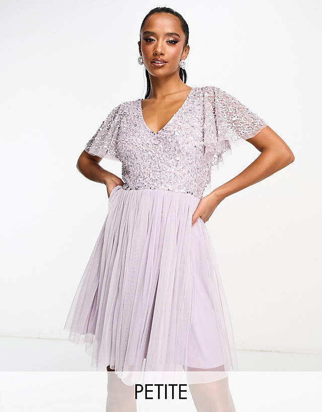 Beauut - petite bridesmaid embellished mini dress with flutter detail in lilac