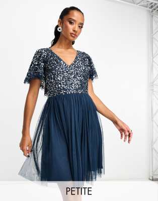 Beauut Beauut Petite Bridesmaid embellished mini dress with flutter detail in navy