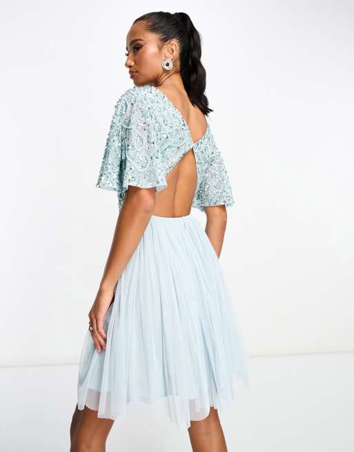 Beauut Petite Bridesmaid embellished mini dress with open back detail in ice blue, 2 of 4