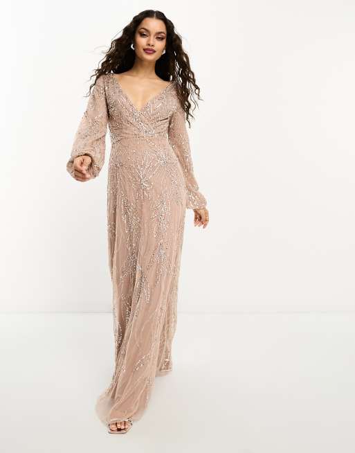 taupe long sleeve bridesmaid dresses Taupe Long Sleeve V-neck A-Line Chiffon Bridesmaid Dress
