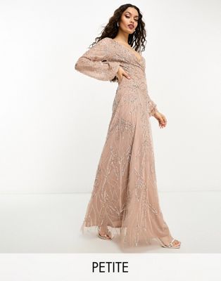 Beauut Petite Bridesmaid embellished wrap front maxi dress taupe brown  - ASOS Price Checker