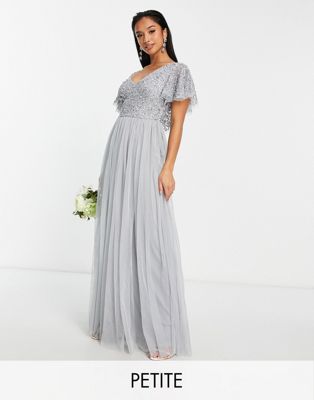 Beauut Petite Bridesmaid emellished bodice maxi dress with flutter sleeve in grey