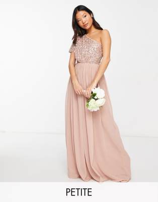 Beauut Petite Bridesmaid emellished bodice one shoulder maxi dress in taupe