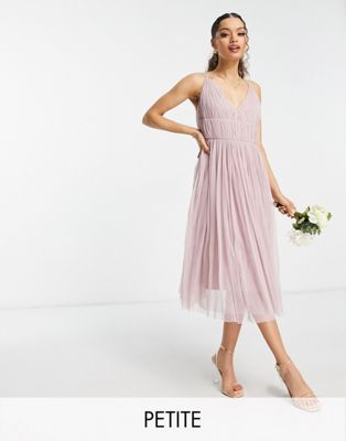 Beauut Petite Bridesmaid layered tulle midi dress in frosted pink - ASOS Price Checker