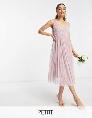 Beauut Beauut Petite Bridesmaid layered tulle midi dress in frosted pink