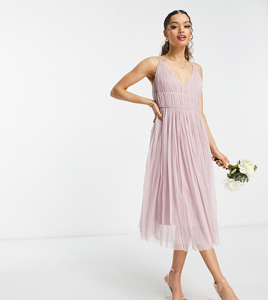 Beauut Petite Bridesmaid layered tulle midi dress in frosted pink