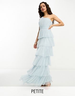 Beauut Petite Bridesmaid one shoulder tiered maxi dress in ice blue