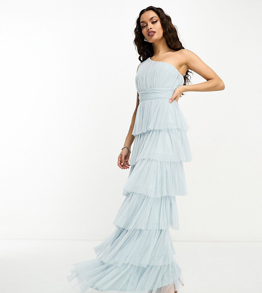 Beauut Petite Bridesmaid one shoulder tiered maxi dress in ice blue