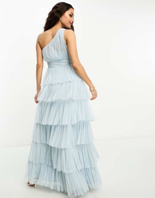 Beauut Petite Bridesmaid one shoulder tiered maxi dress in ice blue, 2 of 4
