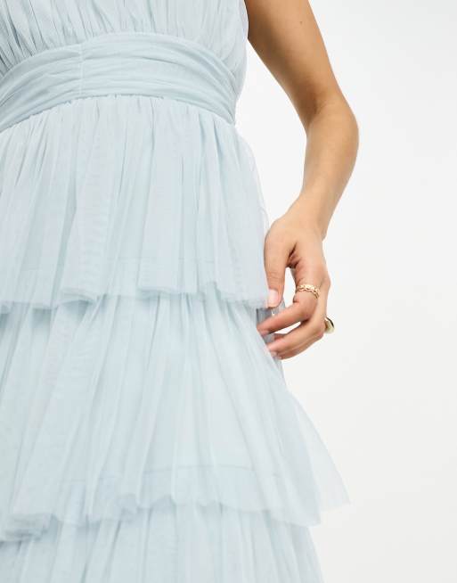 Beauut Petite Bridesmaid one shoulder tiered maxi dress in ice blue, 3 of 4