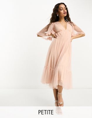 Beauut Petite Bridesmaid Tulle Midi Dress With Flutter Sleeve In Blush-pink