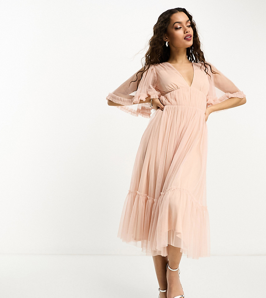 Petite Bridesmaid tulle midi dress with flutter sleeve in blush-Pink