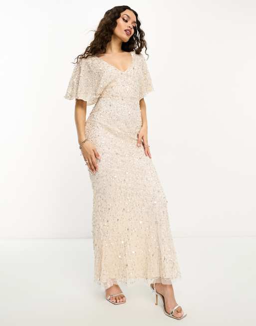 Beauut Petite - L'invitée - Robe longue à ornements et manches évasées - Champagne, 4 de 4