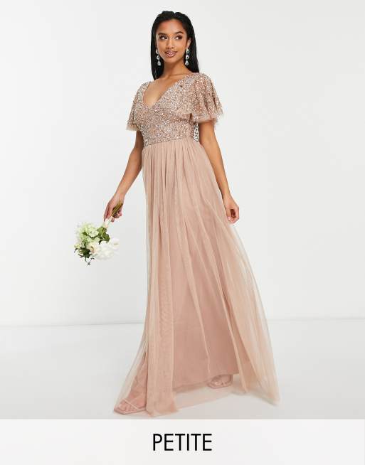 Beauut Petite - Vestito da damigella lungo con corpetto decorato e maniche con volant color tortora