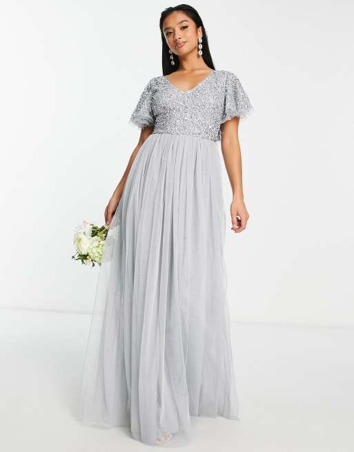 Beauut Petite - Vestito da damigella lungo con corpetto decorato e maniche con volant grigio, 4 di 4