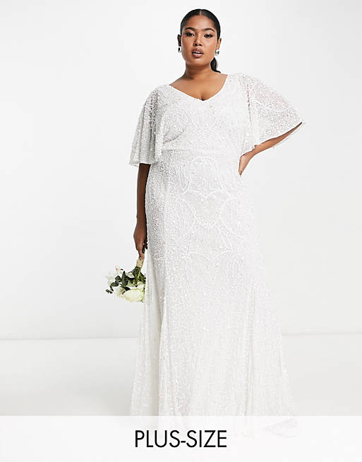 Beauut Plus Bridal all over embellished beaded maxi dress with frill detail in white