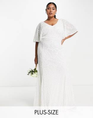 Beauut Plus Bridal allover embellished beaded maxi dress with frill detail in white